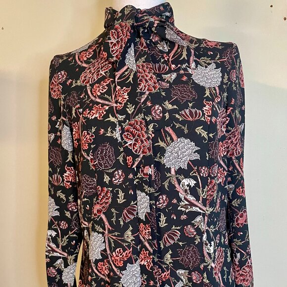 Handmade Tops - Vintage Red & White Floral Black Background Blouse w/ Bow Tie - Paris